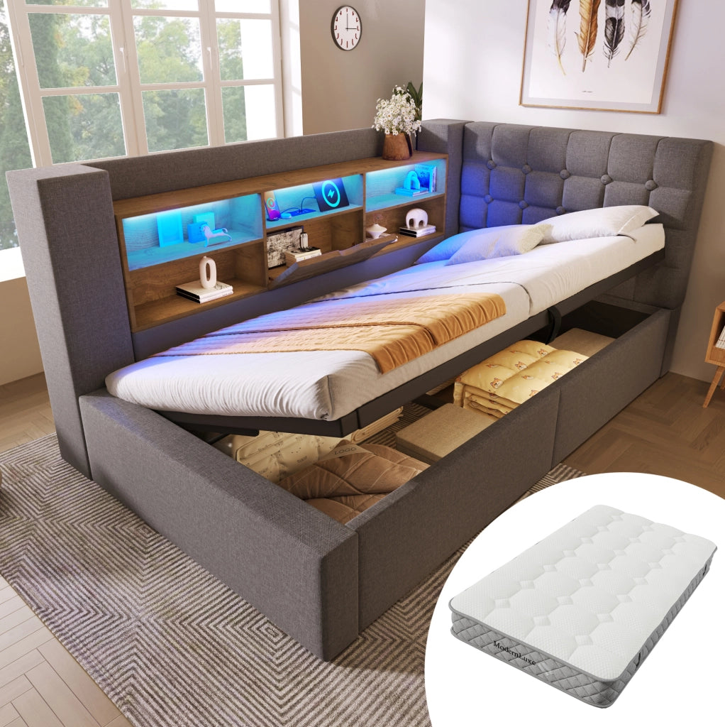 Letto singolo 90x200 cm con LED, contenitore idraulico e materasso incluso