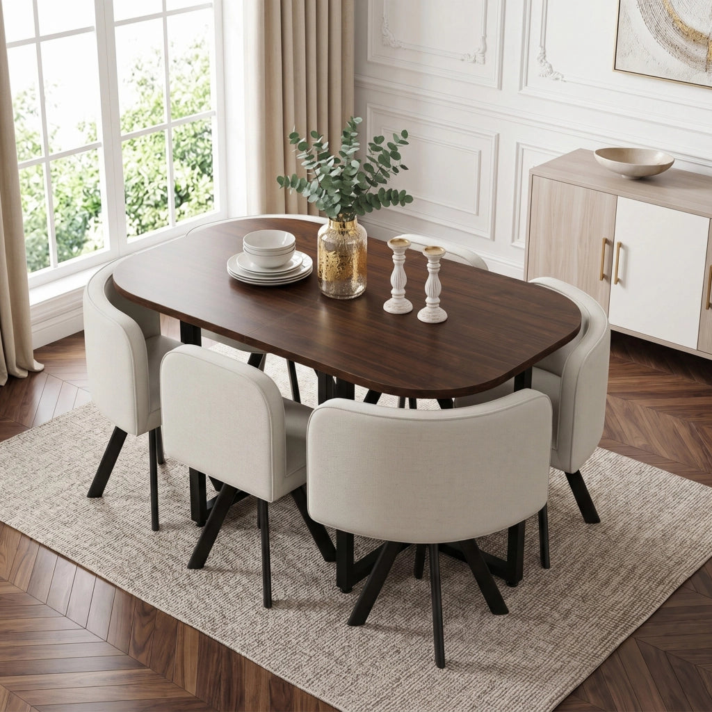 Set da pranzo con finitura effetto legno, composto da 6 sedie in tessuto di lino e un tavolo da pranzo (140 x 90 cm), beige e noce