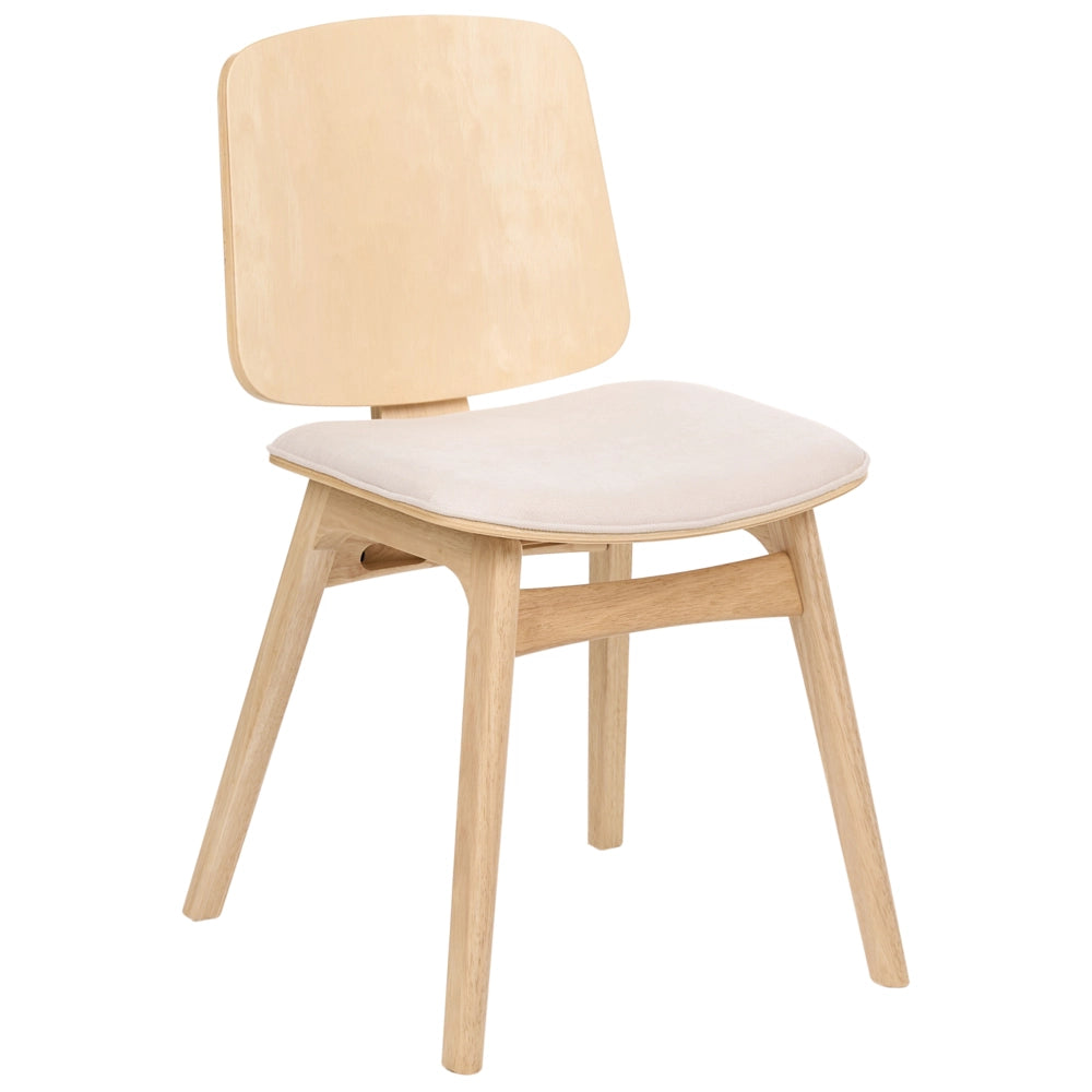 Set di 2 sedie da pranzo in tessuto beige chiaro senza braccioli in stile scandinavo con struttura in legno di gomma marrone chiaro