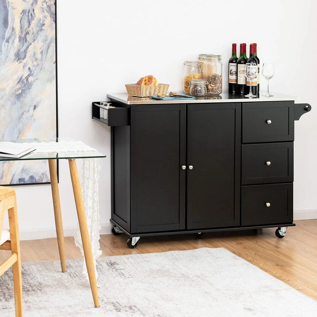 Carrello da cucina con piastra in acciaio inox, armadio da cucina con ruote, isola da cucina mobile con 3 cassetti e ripiani regolabili, carrello da portata in legno, carrello da cucina, 135 x