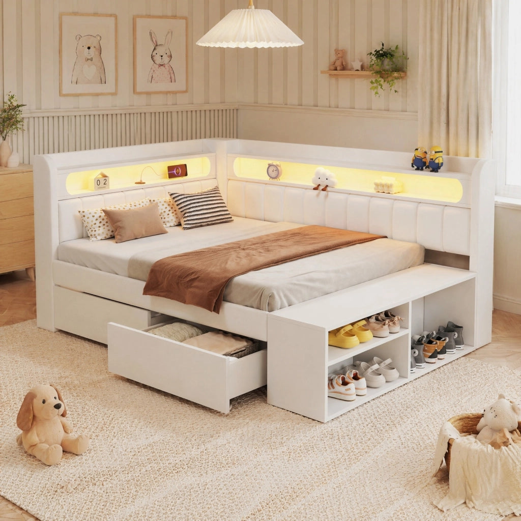 Letto singolo imbottito 90x200 cm con LED, USB e cassetti