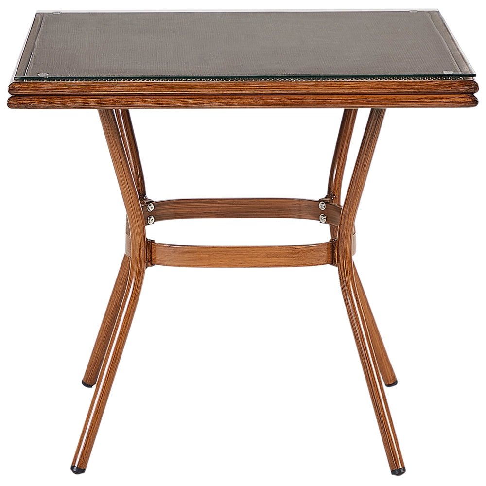 Tavolo da pranzo da giardino in legno scuro con struttura in alluminio 80 x 80 cm Piano in vetro temperato