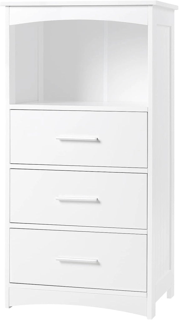 Mobile da Bagno Autoportante 3 Cassetti, Cassettiera con 1 Piano e 1 Scomparto a Giorno, Maniglie Argentate, per Ingresso, Soggiorno, Camera da Letto, in MDF, 40x26,5x80cm, Bianco