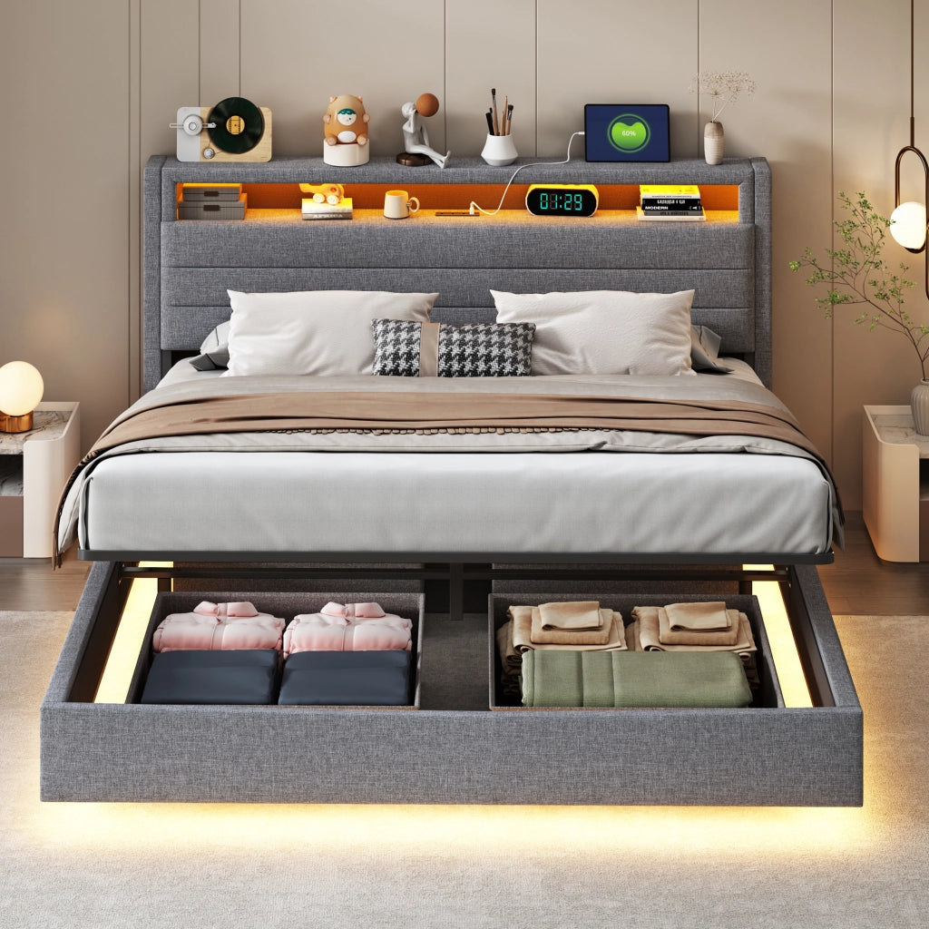 LETTO Contenitore Idraulico 160x200 cm Tessuto Grigio con USB e LED