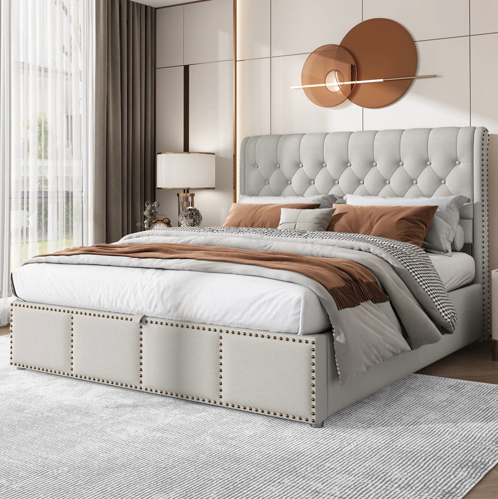 Letto imbottito grigio con contenitore 140 x 200 cm
