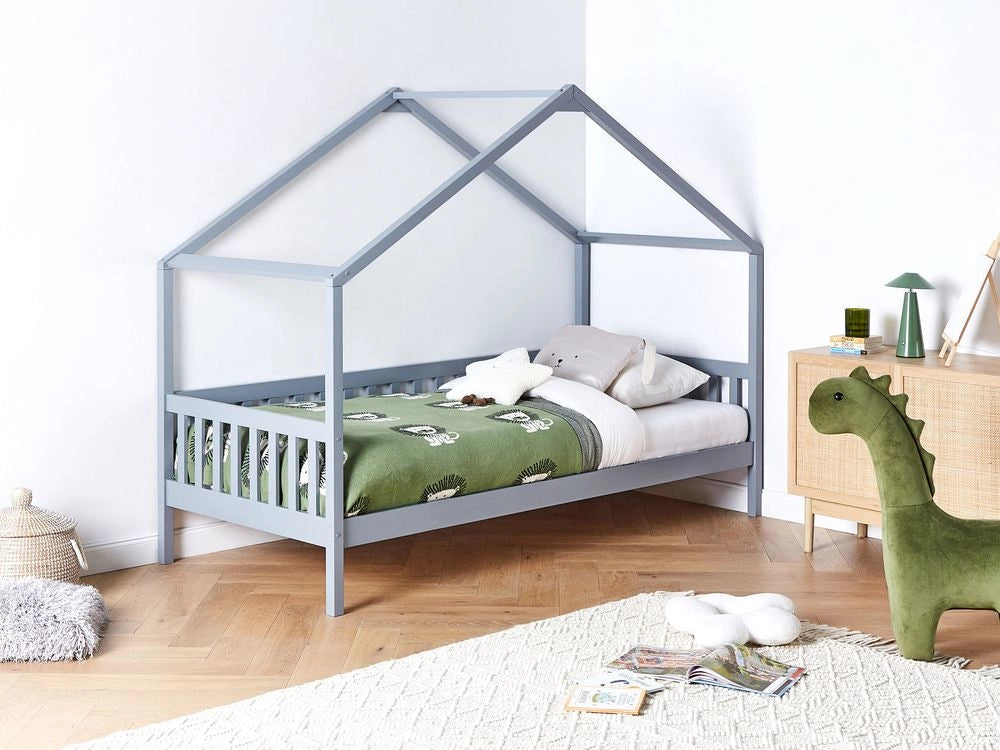 Letto a forma di casa per bambini Legno di pino grigio UE Struttura letto singolo con doghe