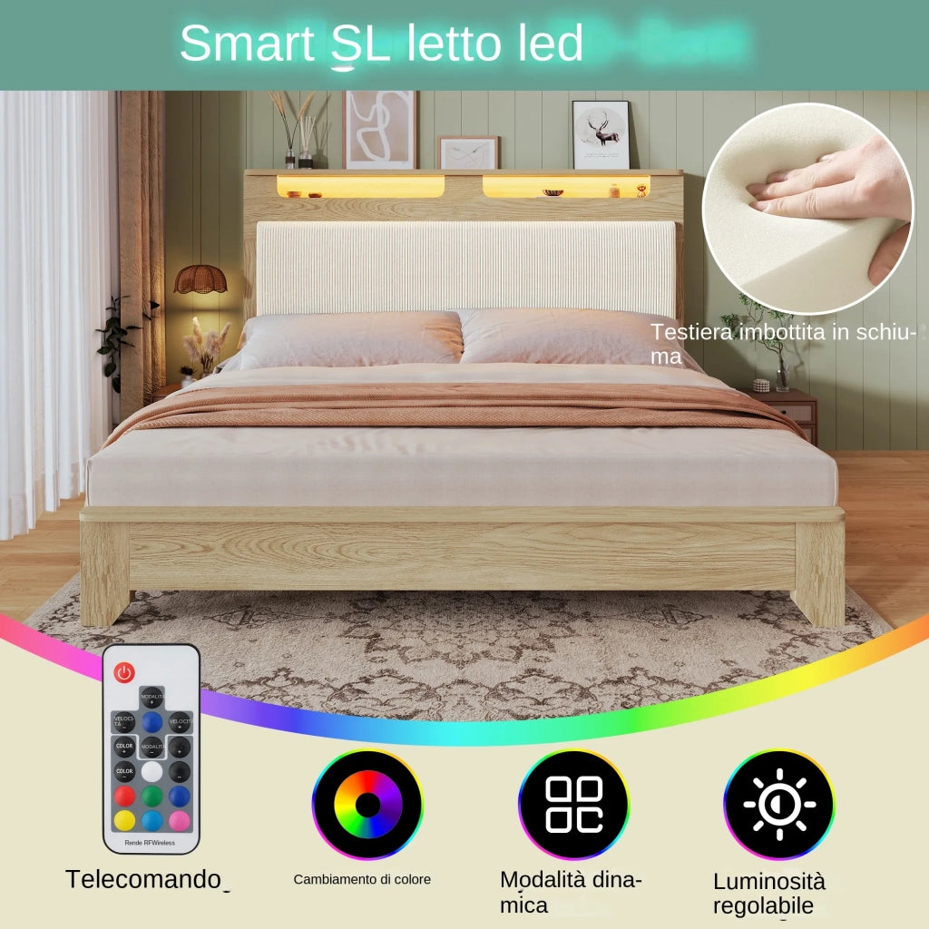 Letto matrimoniale 160x200 cm effetto rovere con LED; testiera contenitore; schienale in velluto a coste beige e rete