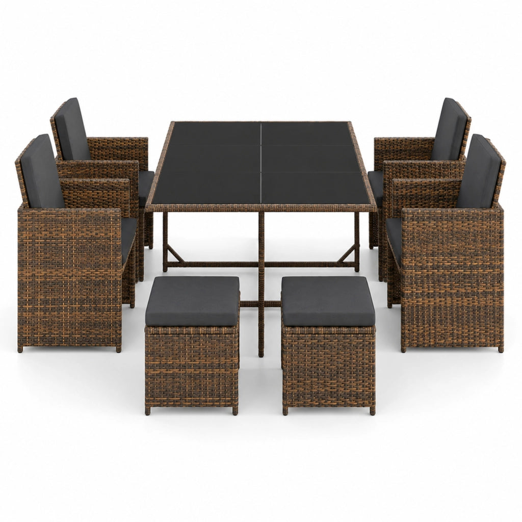 Set Salvaspazio Da Giardino In Polyrattan Con Tavolo Quattro Poltrone E Quattro Sgabelli A Scomparsa Con Cuscini E Vetro Temperato Arredo Outdoor Elegante Per Esterni Marrone E Nero