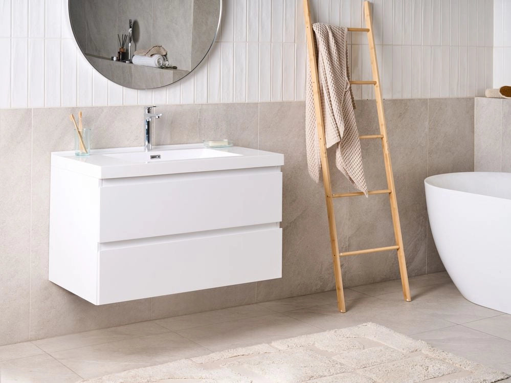 Mobile bagno sospeso bianco 90 x 50 cm con 2 cassetti e lavabo