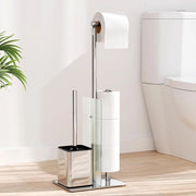 Supporto per carta igienica in piedi con spazzola per il water e mensole in vetro (argentato) - Set di spazzola per il water e supporto in acciaio inossidabile