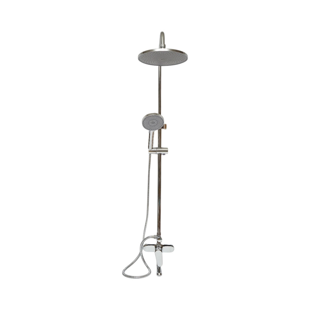Set doccia multifunzionale da parete con doccetta a mano, bocca per vasca, soffione rotondo, cartuccia in ceramica, finitura cromo lucido.