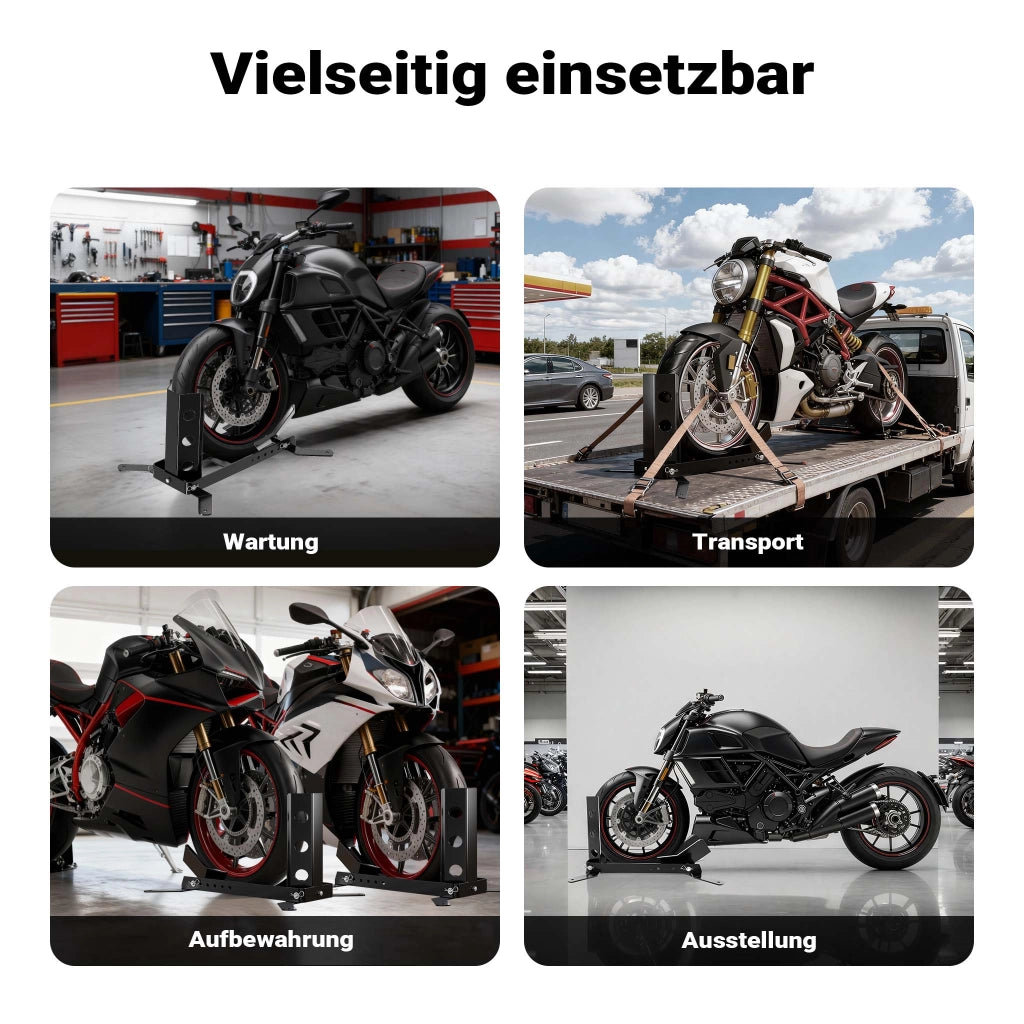 Cavalletto blocca ruota moto max 450 kg, per pneumatici anteriori e posteriori da 14-21", reggi-ruota inclinabile