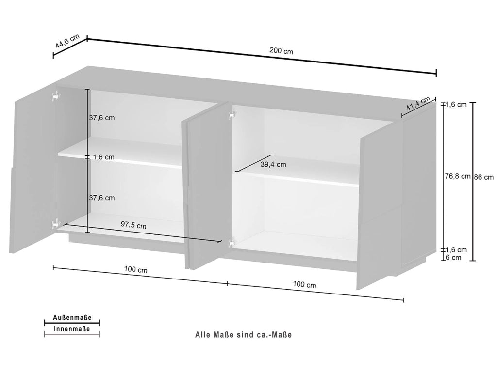 Credenza 4 Ante 200x44x86 cm Pongo 4A Bianco Lucido