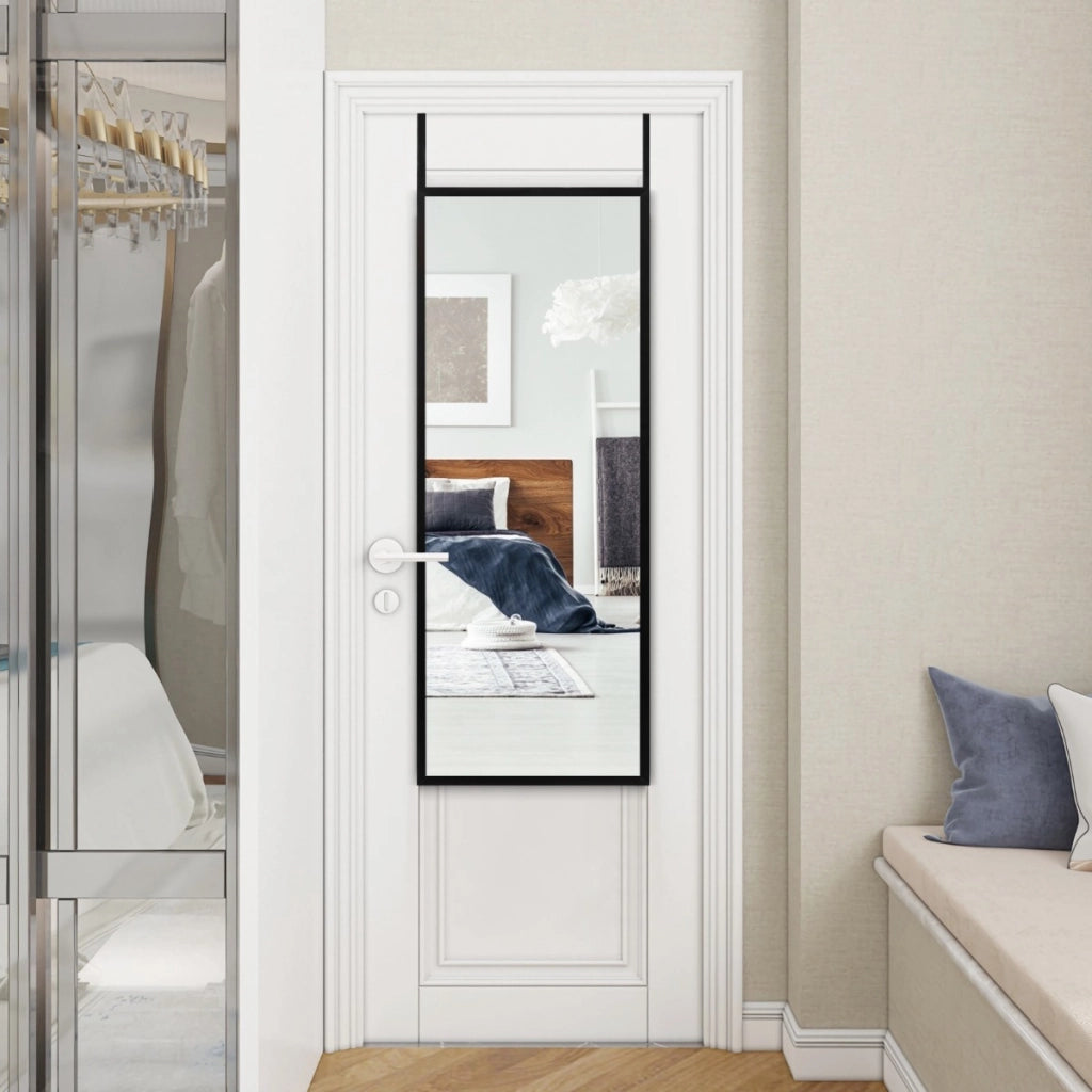 Specchio a figura intera per muro o porta con struttura in ferro, Specchio con 2 set di ganci regolabili Nero-Specchi da parete