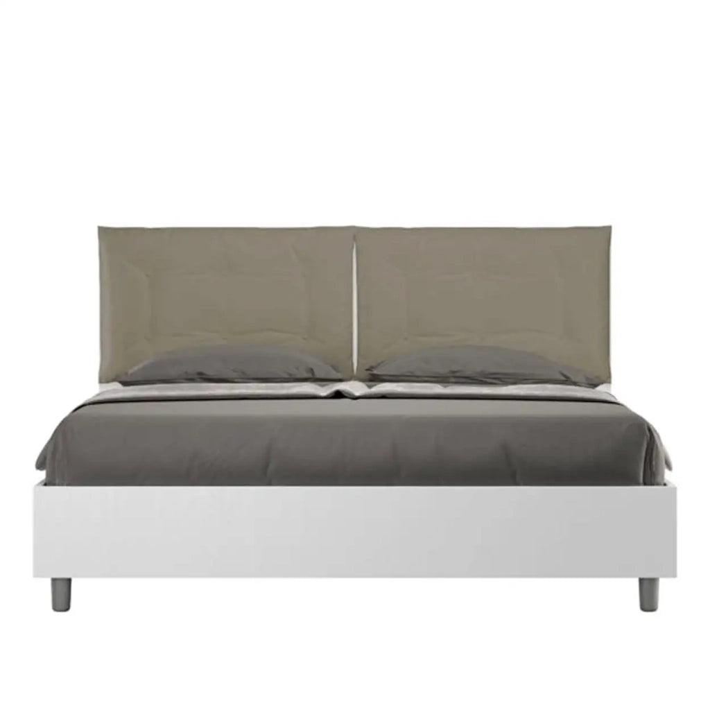 Letto matrimoniale contenitore 160x200 bianco frassino cuscini similpelle cappuccino Egos Annalisa