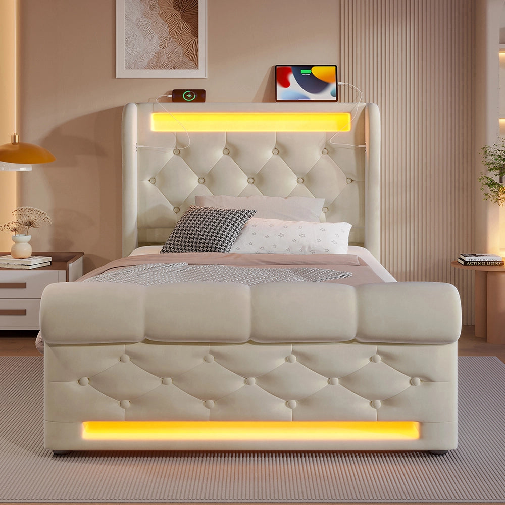 Letto singolo-Xylo-90x200 cm-LED, USB-C, idraulico, velluto beige