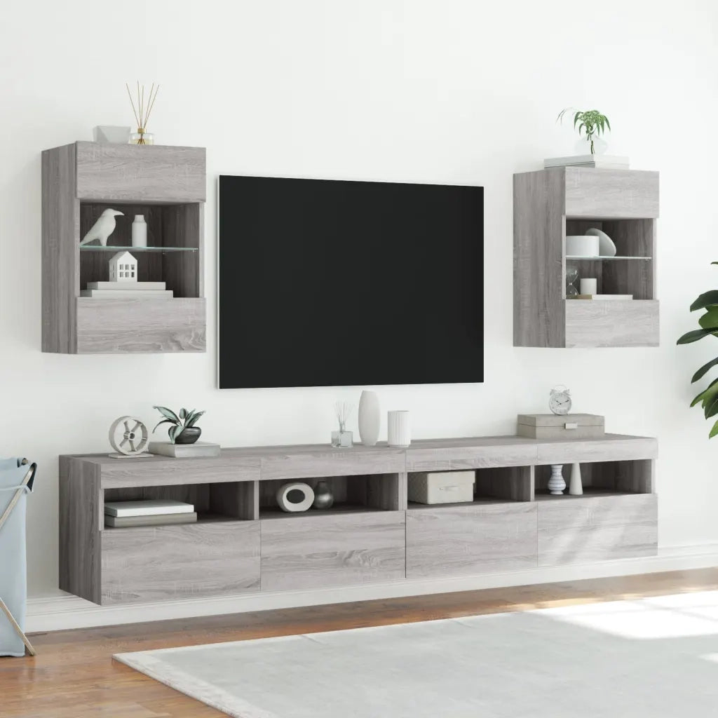 Mobile TV a Parete con Luci LED-Mobile TV a Muro Grigio Sonoma 40x30x60,5 cm