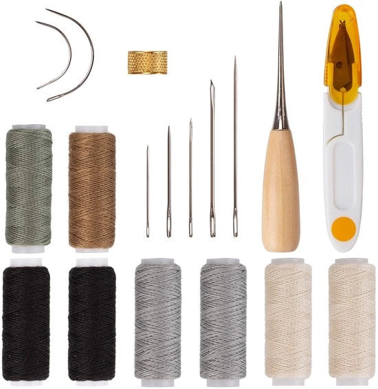 Kit di riparazione per oggetti in pelle - 18 pezzi - set di accessori per la riparazione - set di cordoni - kit di strumenti per la riparazione manuale - set di riparazione per oggetti in pelle