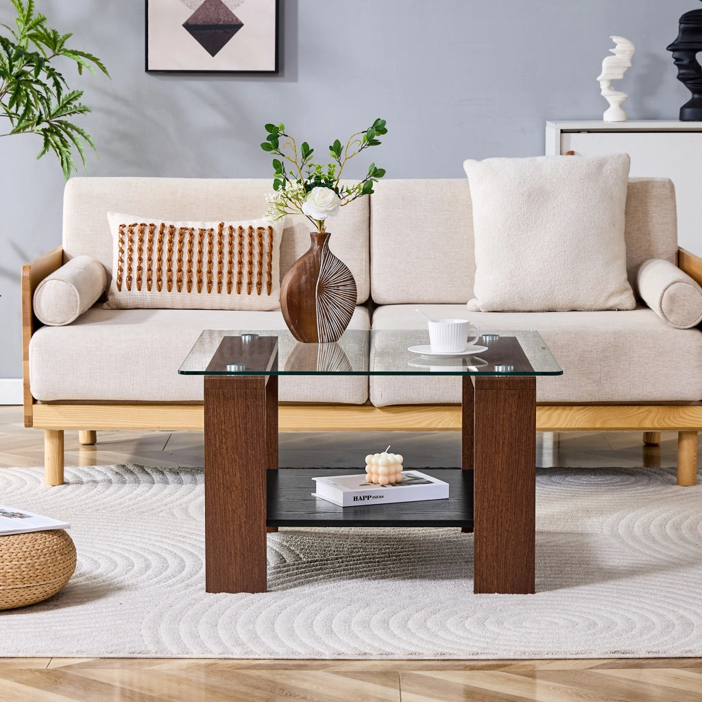 Tavolino basso con piano in vetro temperato e ripiano contenitore per soggiorno in MDF e vetro noce 65 × 41 × 45,5 cm