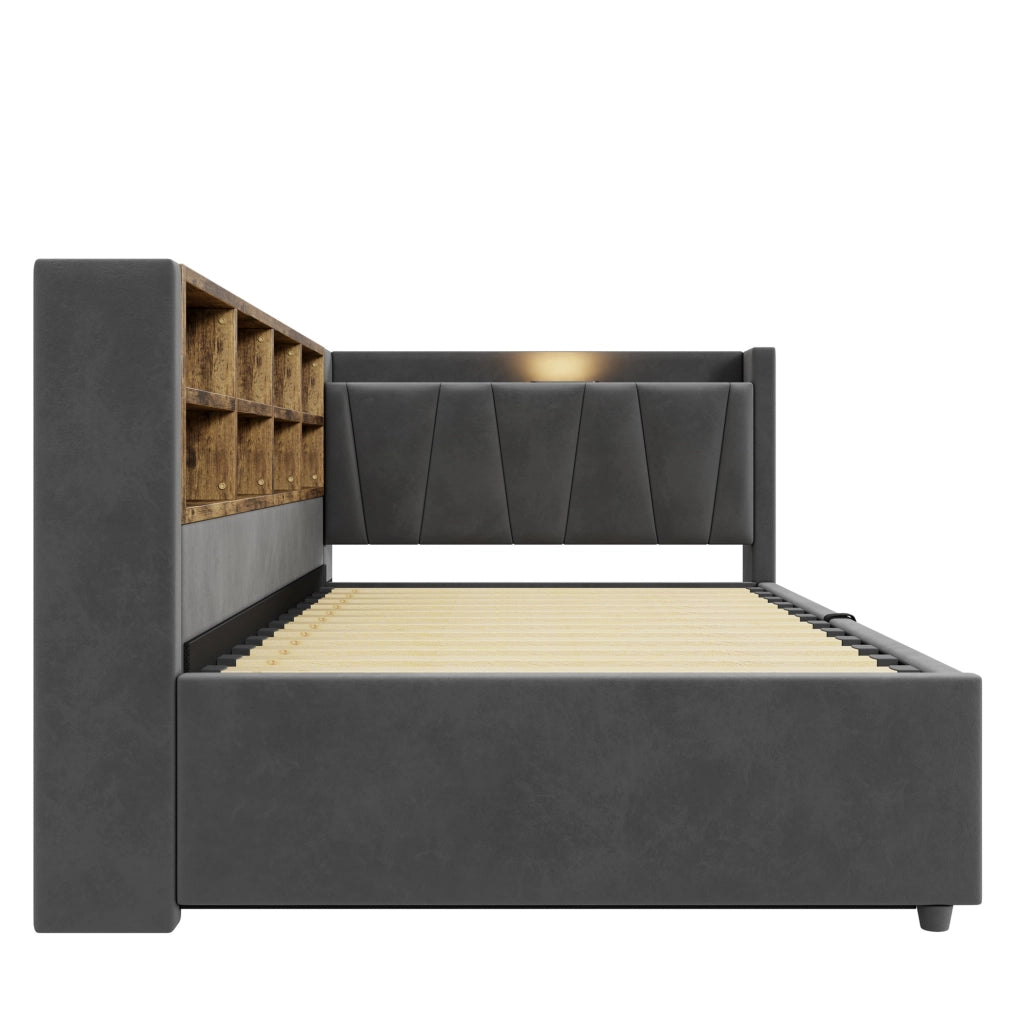 Letto imbottito 90x200 cm; testiera multifunzione con luce e porte USB e Type C; velluto; grigio