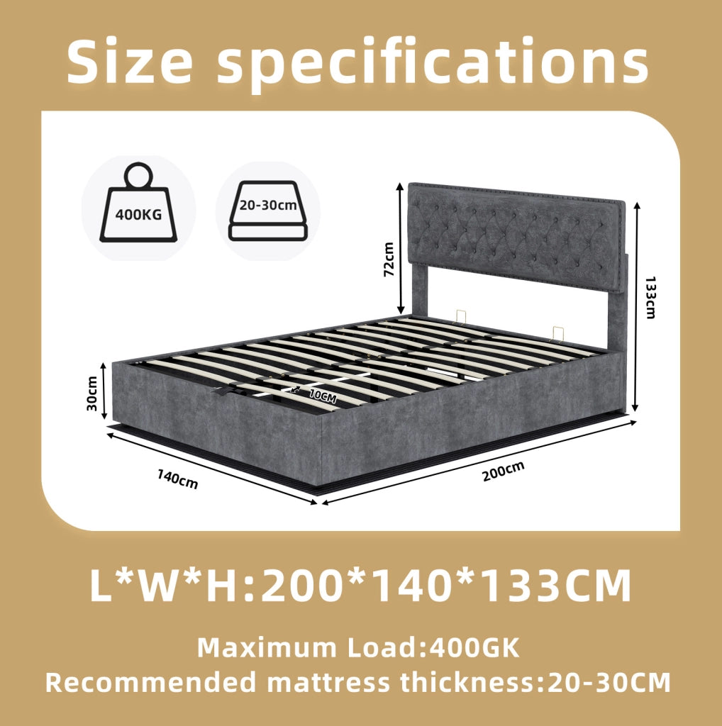 Letto imbottito ULEVR 140x200 cm grigio con materasso incluso, testiera alta e rete a doghe