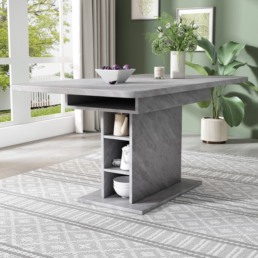 Tavolo da pranzo allungabile con spazio contenitore, struttura in truciolato e metallo, per soggiorno, grigio