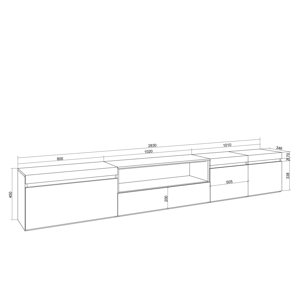 Mobile TV Soggiorno, 288x45x35 cm, TV di grande formato, Mobile Soggiorno, Bianco e Rovere soft