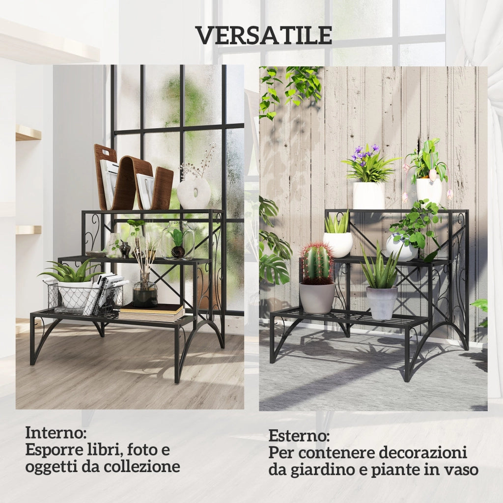 Scaffale per Piante a 3 Livelli a Scaletta 60x60x60 cm per Interno ed Esterno in Metallo Nero