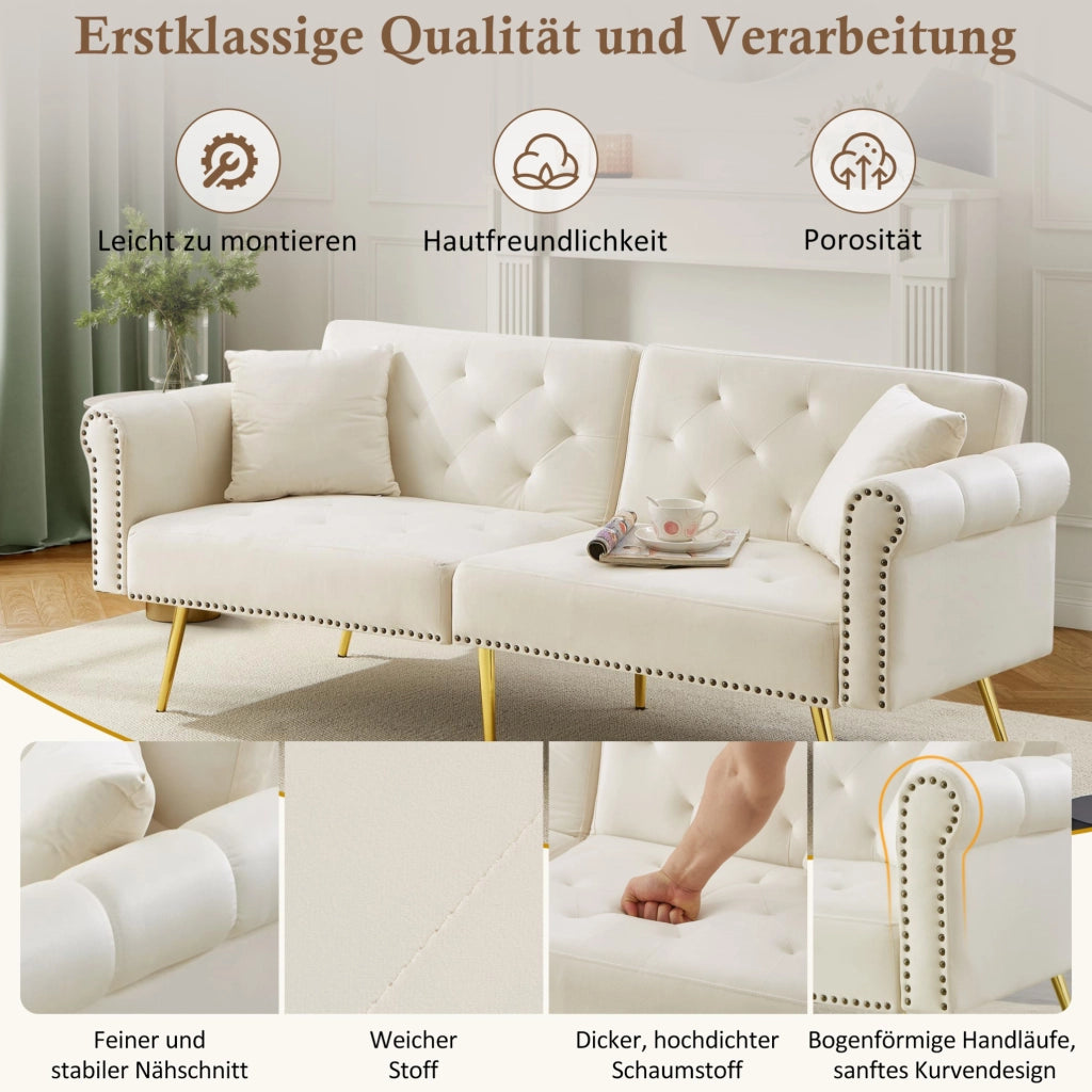 Divano letto 2 posti in velluto beige con schienale regolabile; 173x75x70 cm