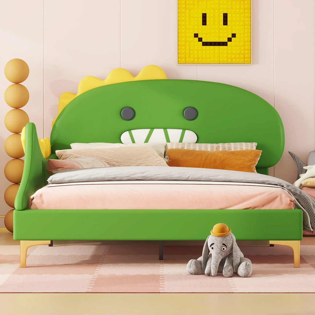 Letto basso per bambini verde con forma di dinosauro in PU 140x200 cm