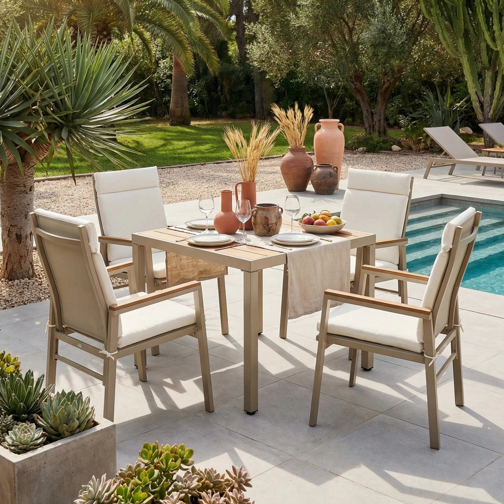 Set Tavolo e 4 Sedie da Giardino ¨C MINIMAL ¨C Ferro Zincato, Piano in Legno Plastica, Beige