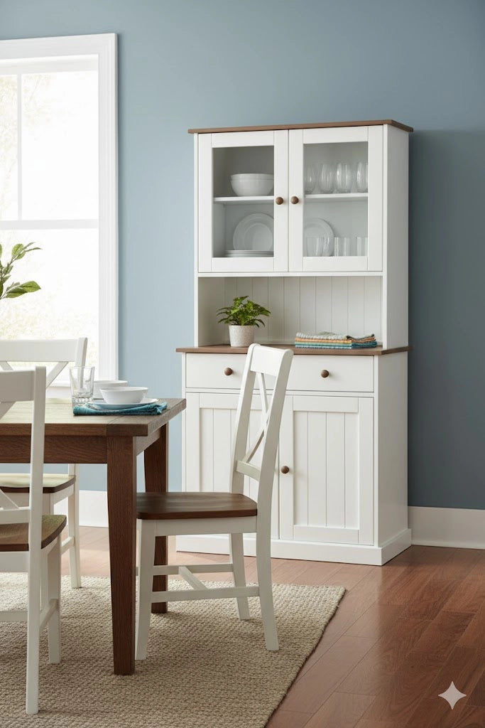 MOBILE SOGGIORNO CREDENZA WESTERLAND 4ANTE+2CASSETTI 90x45x181H PINO MASSELLO VERNICIATO A ACQUA BIANCO + TOP E FINITURE MARRONE