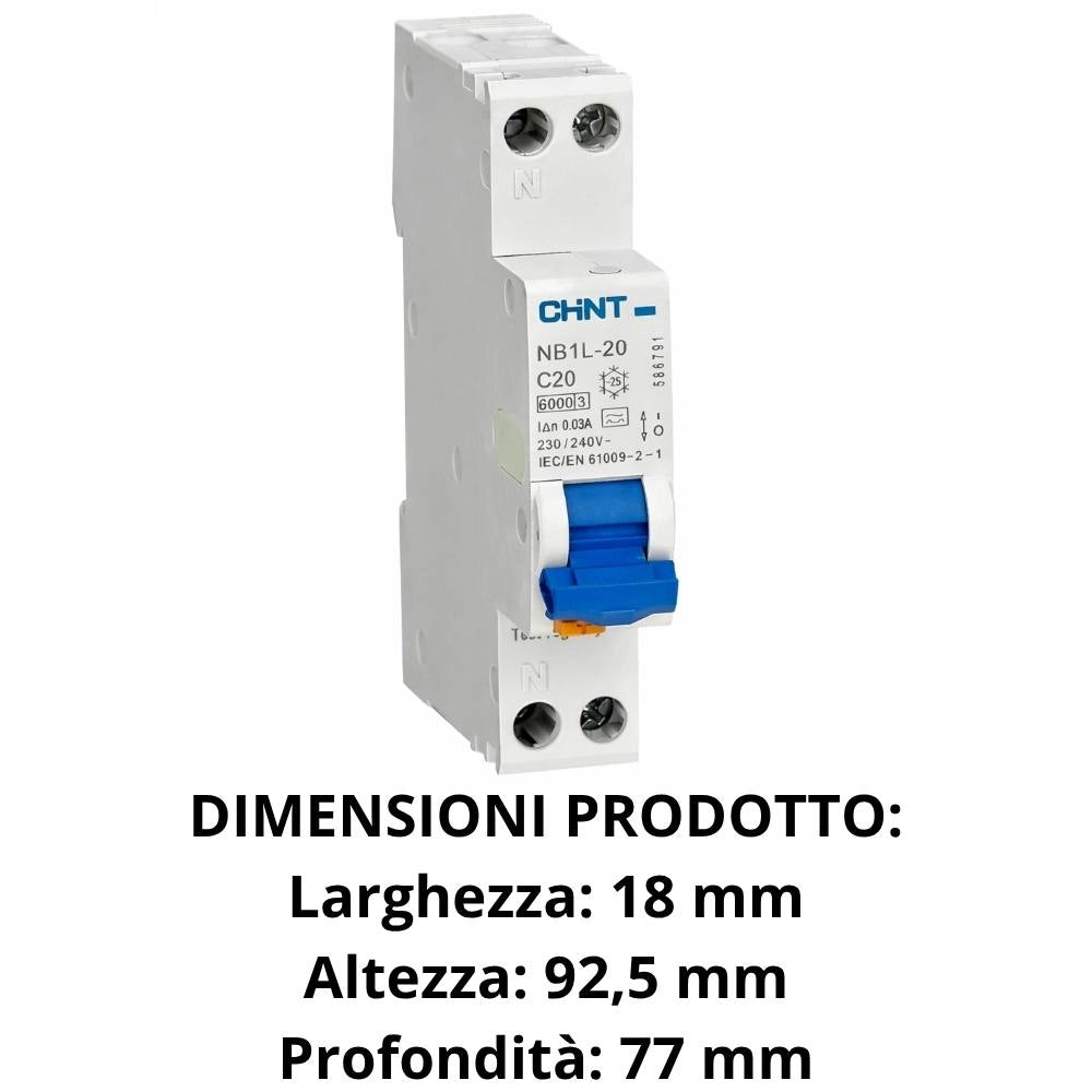 Interruttore magnetotermico differenziale 1p+n 30ma tipo a 6ka chint nb1l-20 slim *** ampere 10 ampere, confezione 1