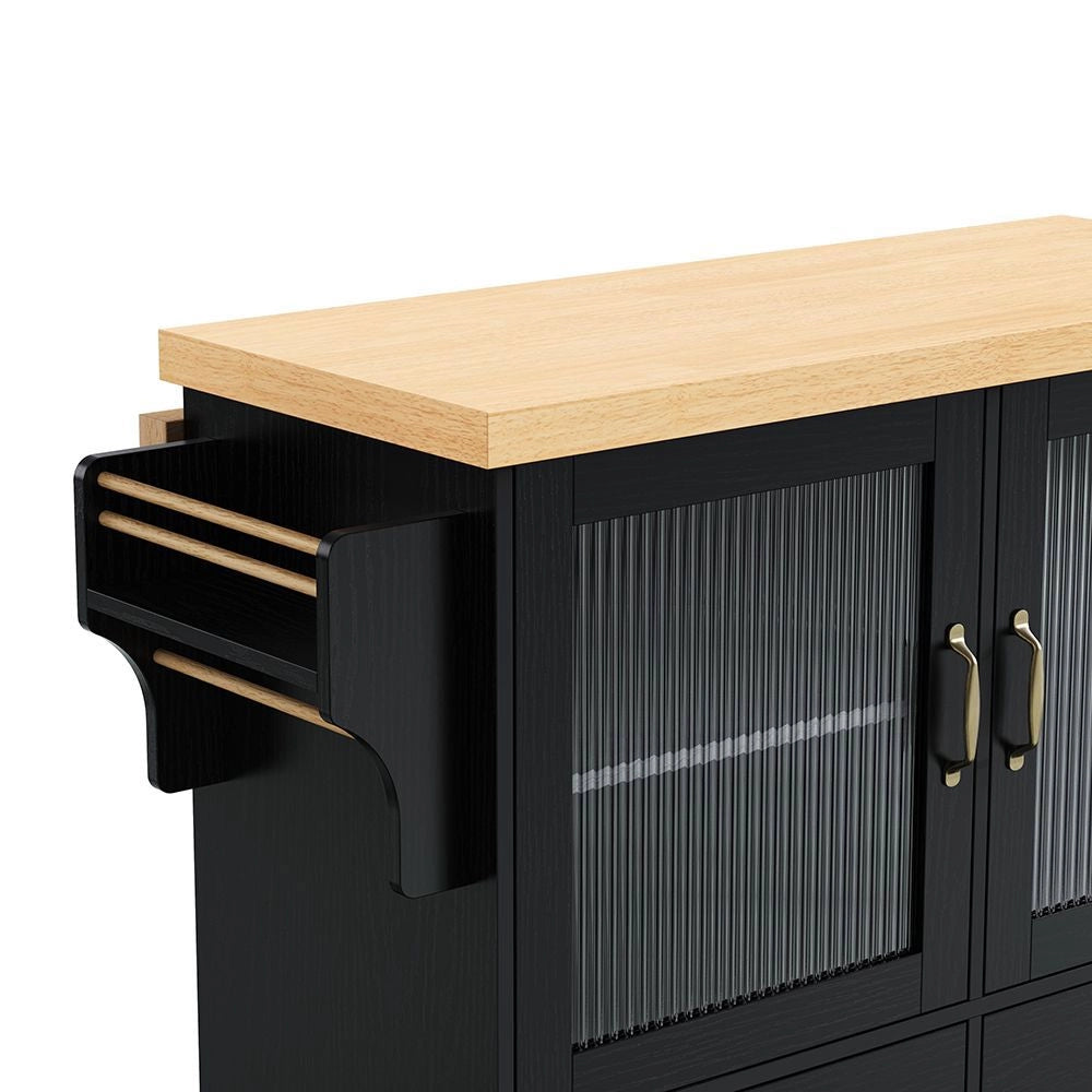 Isola da cucina mobile - Xylo - con ruote e tavolo allungabile, porta bicchieri e spazio di stoccaggio, nero