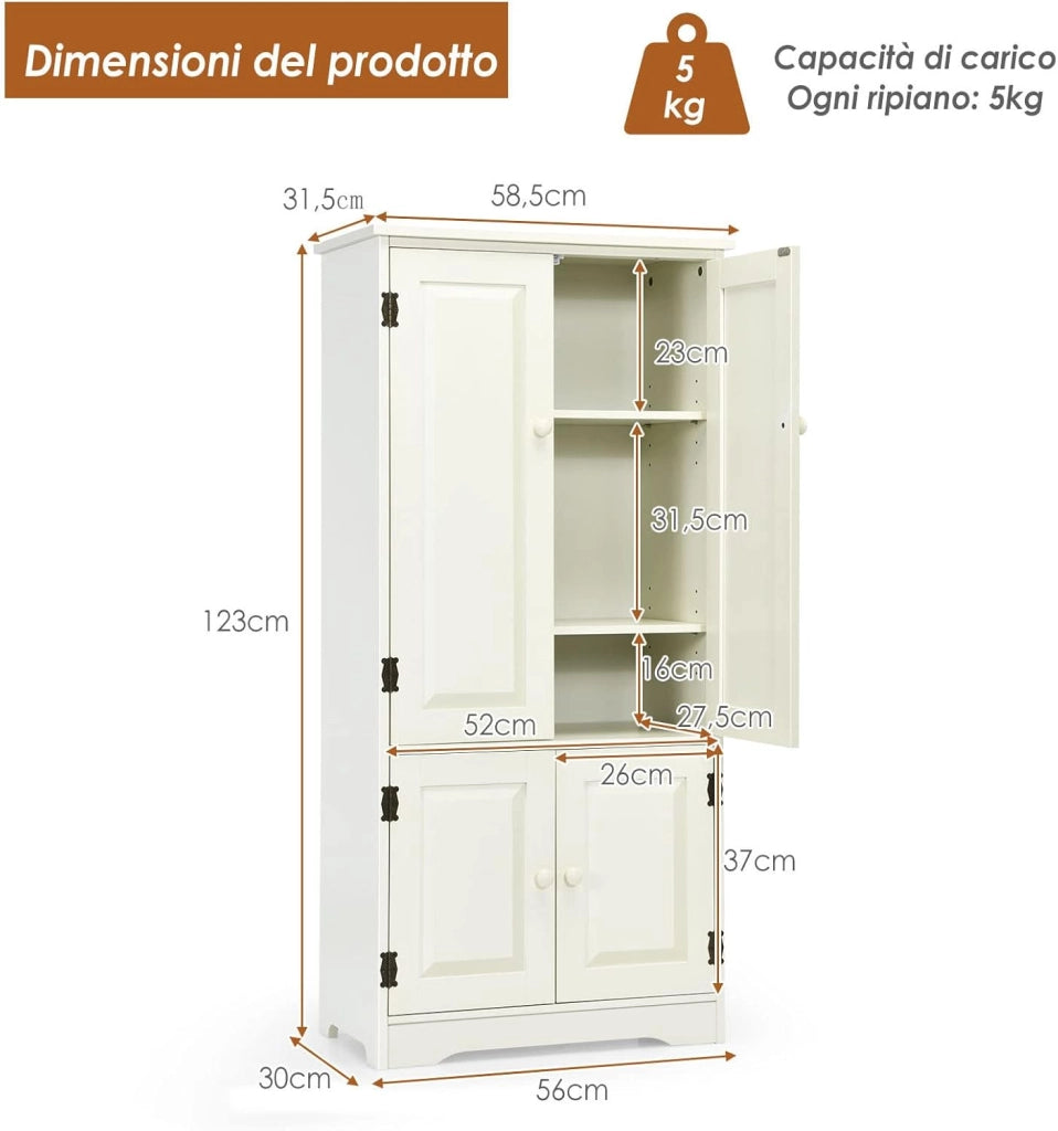 Mobile Multiuso, Armadio da Soggiorno, Credenza da Cucina in Legno, con 4 Ripiani, 59 x 32 x 123cm, Bianco e Nero (Bianco)