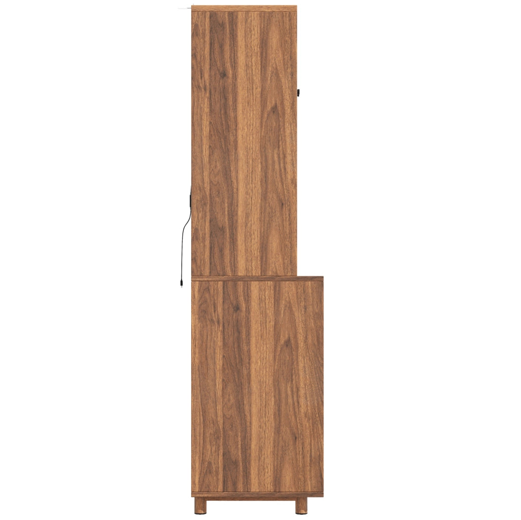Credenza alta 140x40x185 cm con luci LED e ante scorrevoli in vetro; MDF; marrone noce