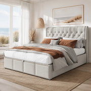 Letto imbottito contenitore 140x190 cm in lino grigio con rete a doghe