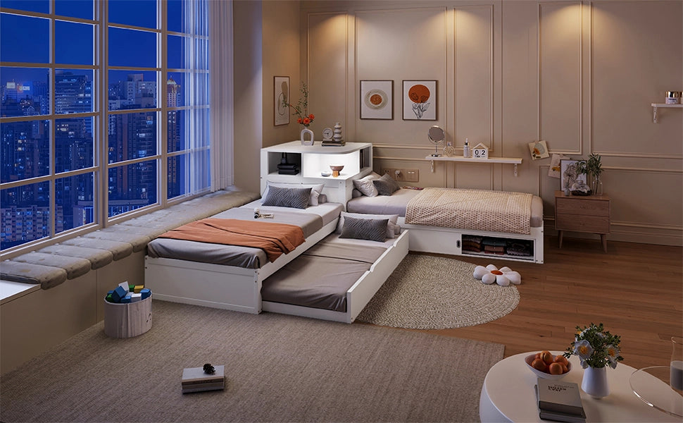 Letto singolo 90 × 200 cm con letto estraibile, contenitore con ante scorrevoli et luce notturna LED, senza materasso, bianco