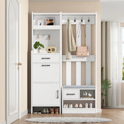 Appendiabiti 7 in 1 con panchina - Xylo - 7 ganci, pannello forato, 2 cassetti, bianco, 110x35x175.5 cm