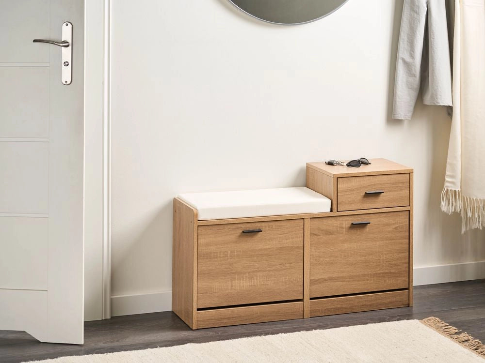 Armadietto porta scarpe Marrone chiaro con sedile in truciolato 2 scomparti Design scandinavo corridoio