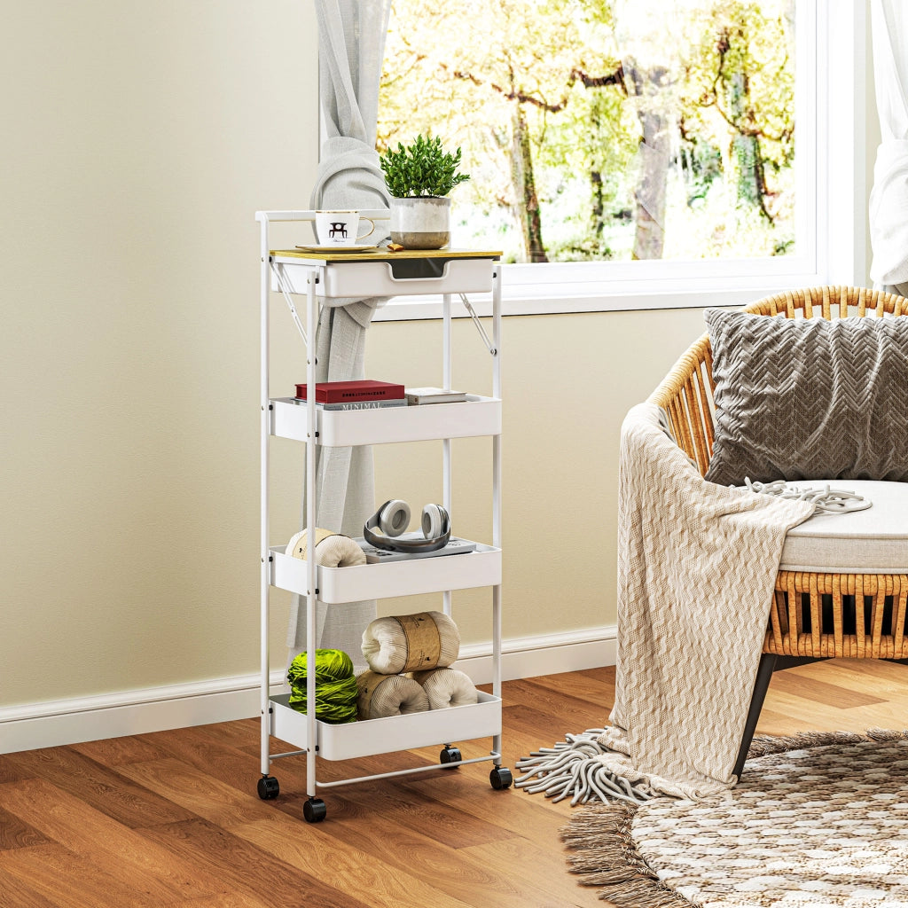 Carrello Cucina 4 Ripiani con Ruote ¨C Xylo ¨C Bianco con Cassetto e Cestelli