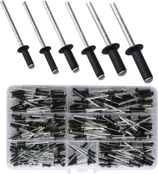 Set di chiodi a testa con 210 pezzi, Flangia a cupola in alluminio, Assortimento kit per dimensioni 3.2/4/5 mm per metalli, mobili, imbarcazioni - Incluso contenitore di conservazione