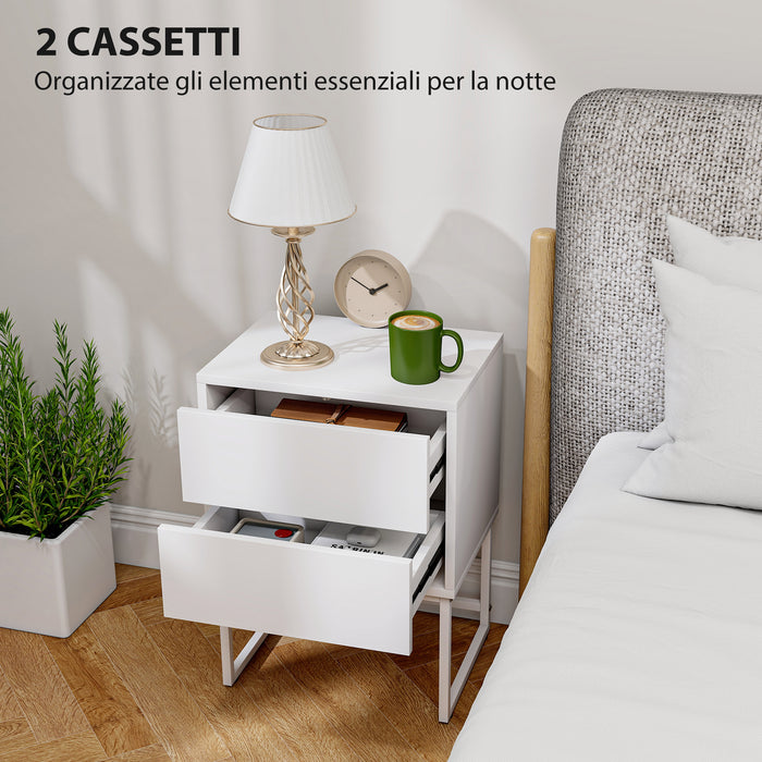 Comodino Moderno a 2 Cassetti con Apertura a Pressione 40x30x50 cm in MDF e Acciaio Bianco