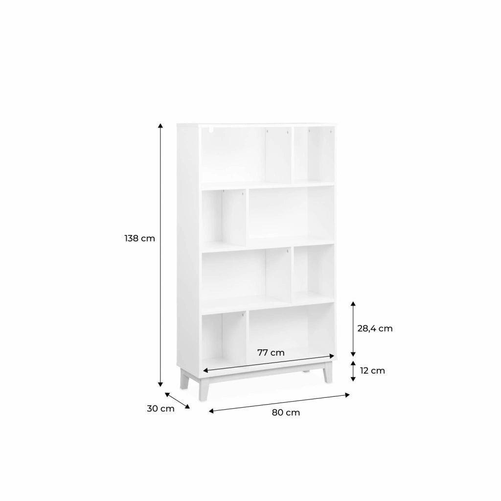 Libreria effetto legno con gambe in legno e 4 ripiani, bianco