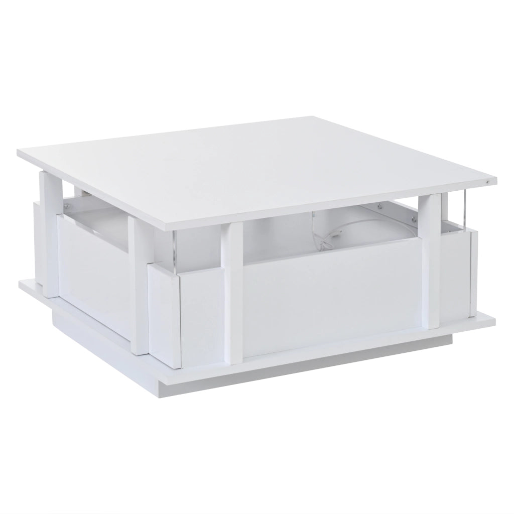 Tavolino da caffè quadrato 70x70x35 cm bianco lucido con 2 cassetti, LED e dettagli in acrilico