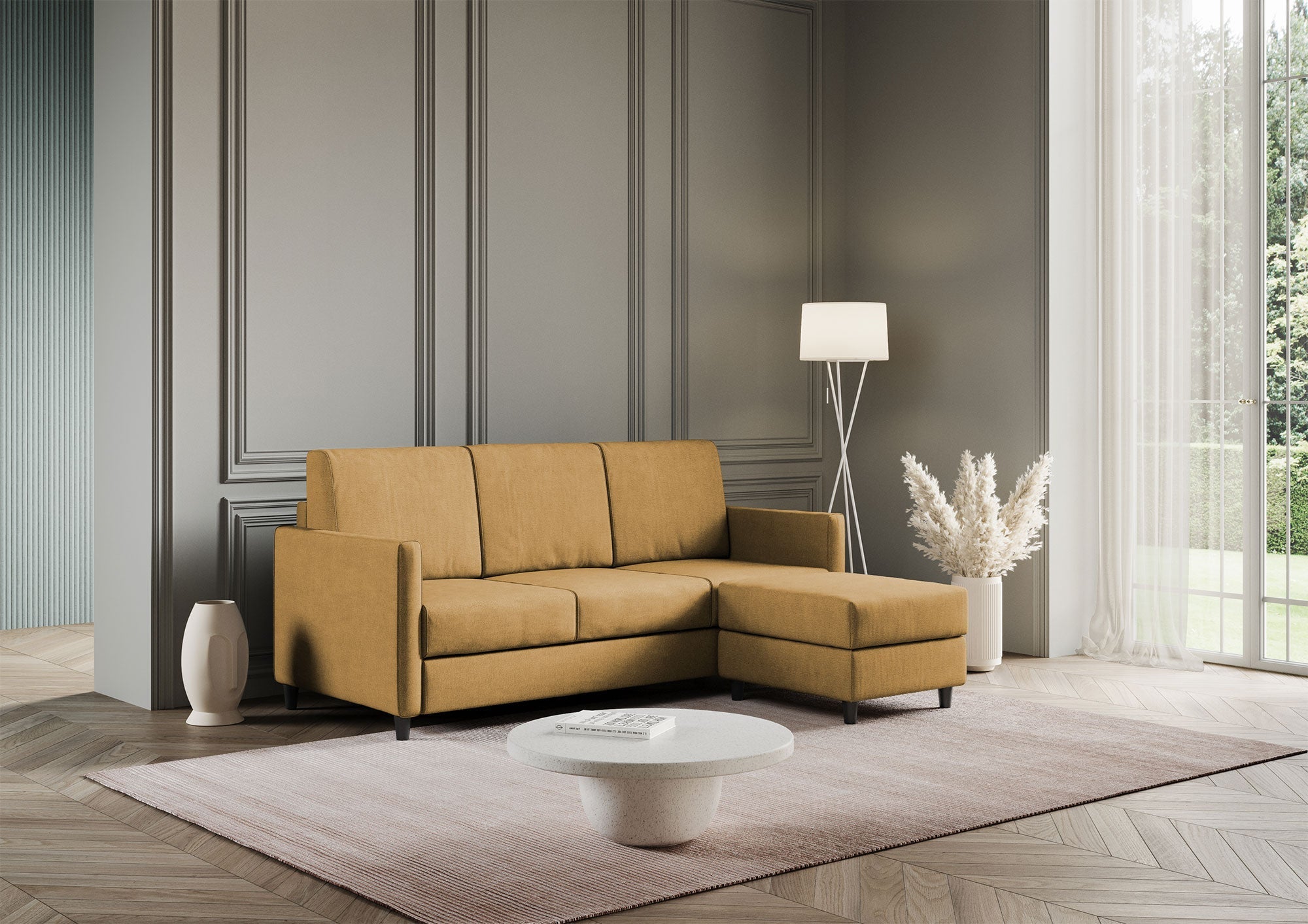 Divano 3 Posti con Pouf 198x155x85 cm Karay in Tessuto Ocra