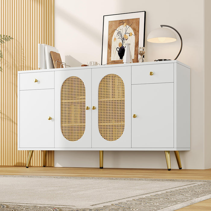 Commode buffet con 2 cassetti e 4 ante - Xylo - Bianco e toni naturali, L140xP35xH82 cm