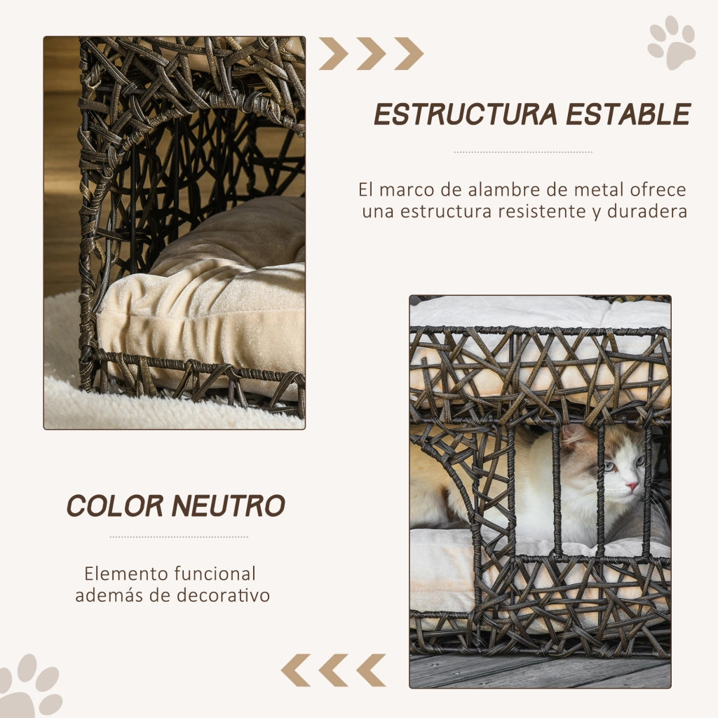 Cuccia per Gatti a 2 Piani ¨C Xylo ¨C Rattan con Cuscini Marrone Scuro 56x41x45cm
