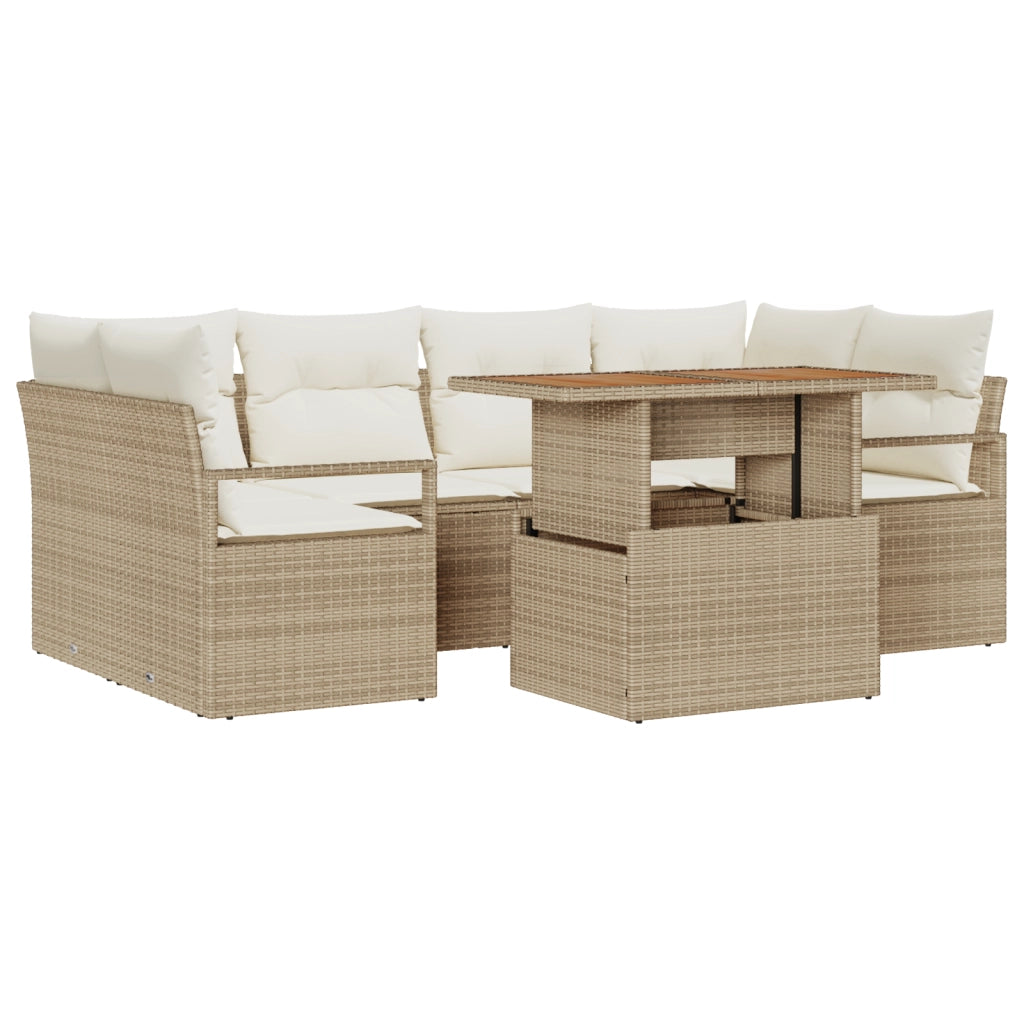 Set Divano da Giardino 7 Pezzi con Cuscini Rattan Beige Poly