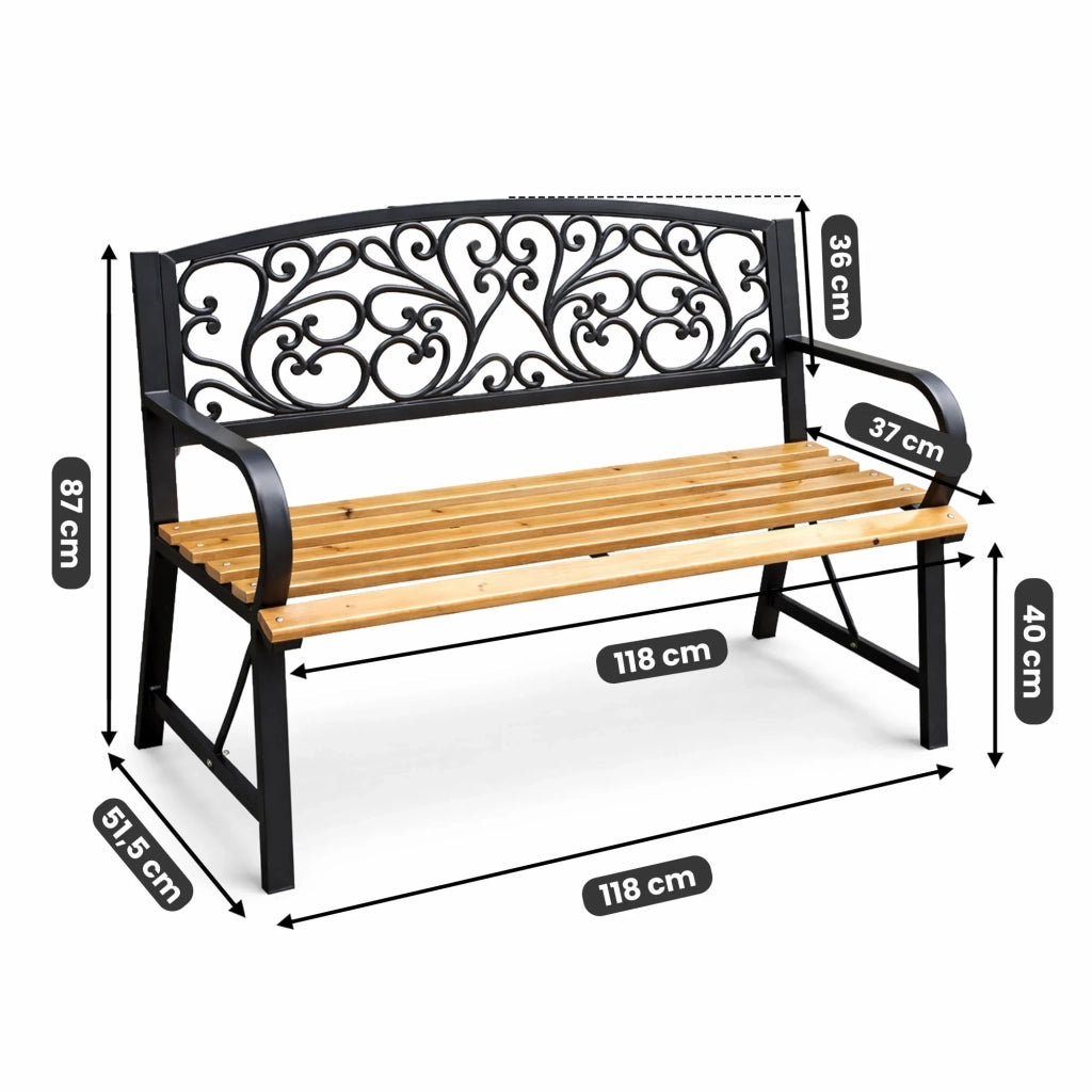 Panchina da giardino nera NERINA con legno laccato e gambe in ghisa larghezza 118 cm